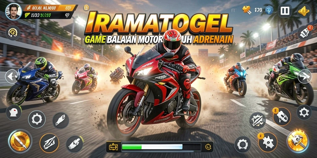 Screenshot game IRAMATOGEL menampilkan balapan motor yang cepat dan seru.