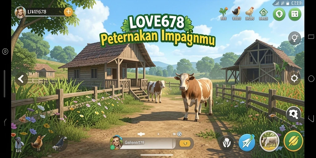 Tampilan gameplay LOVE678 dengan ladang subur dan hewan peliharaan.