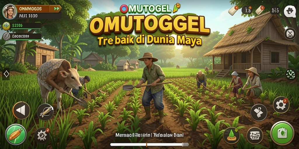 Screenshot gameplay OMUTOGEL menampilkan kebun yang subur dan berbagai aktivitas bertani.