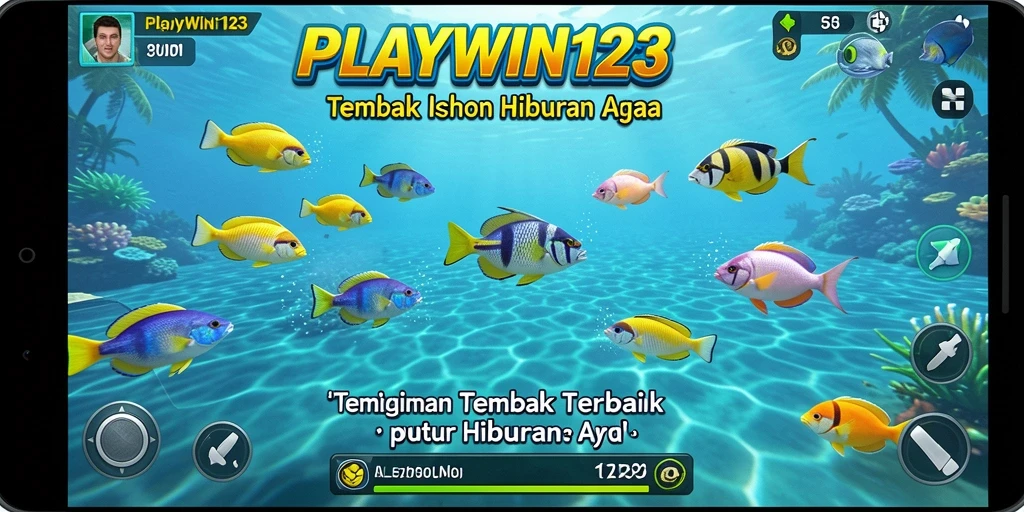 Tampilan gameplay PLAYWIN123 saat menembak ikan di lautan yang cerah.